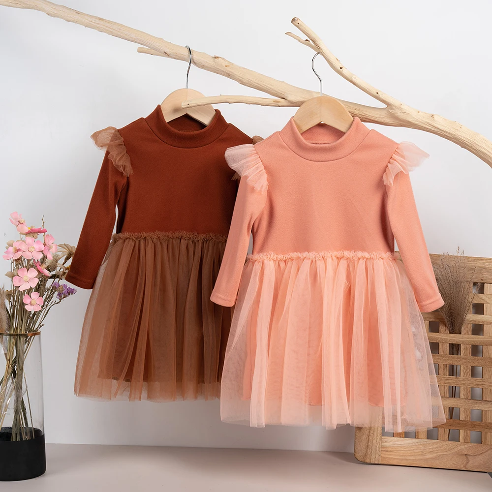 Spring New Girls Princess Dress Ruffle Long Sleeve Warm Mesh Dresses Sweet Princess Party Birthday Dresses Solid Girl Dresses