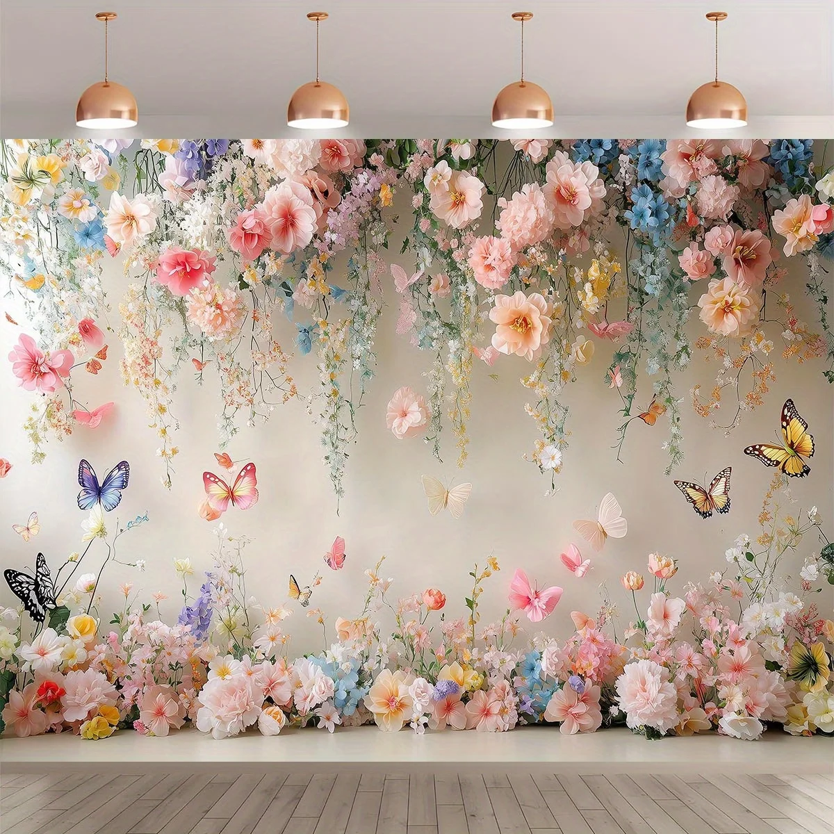 1-Polyester-Fotohintergrund mit Blumen- und Schmetterlingsgartenmotiv, langlebige Festival-Wanddekoration für den Innen- und Außenbereich