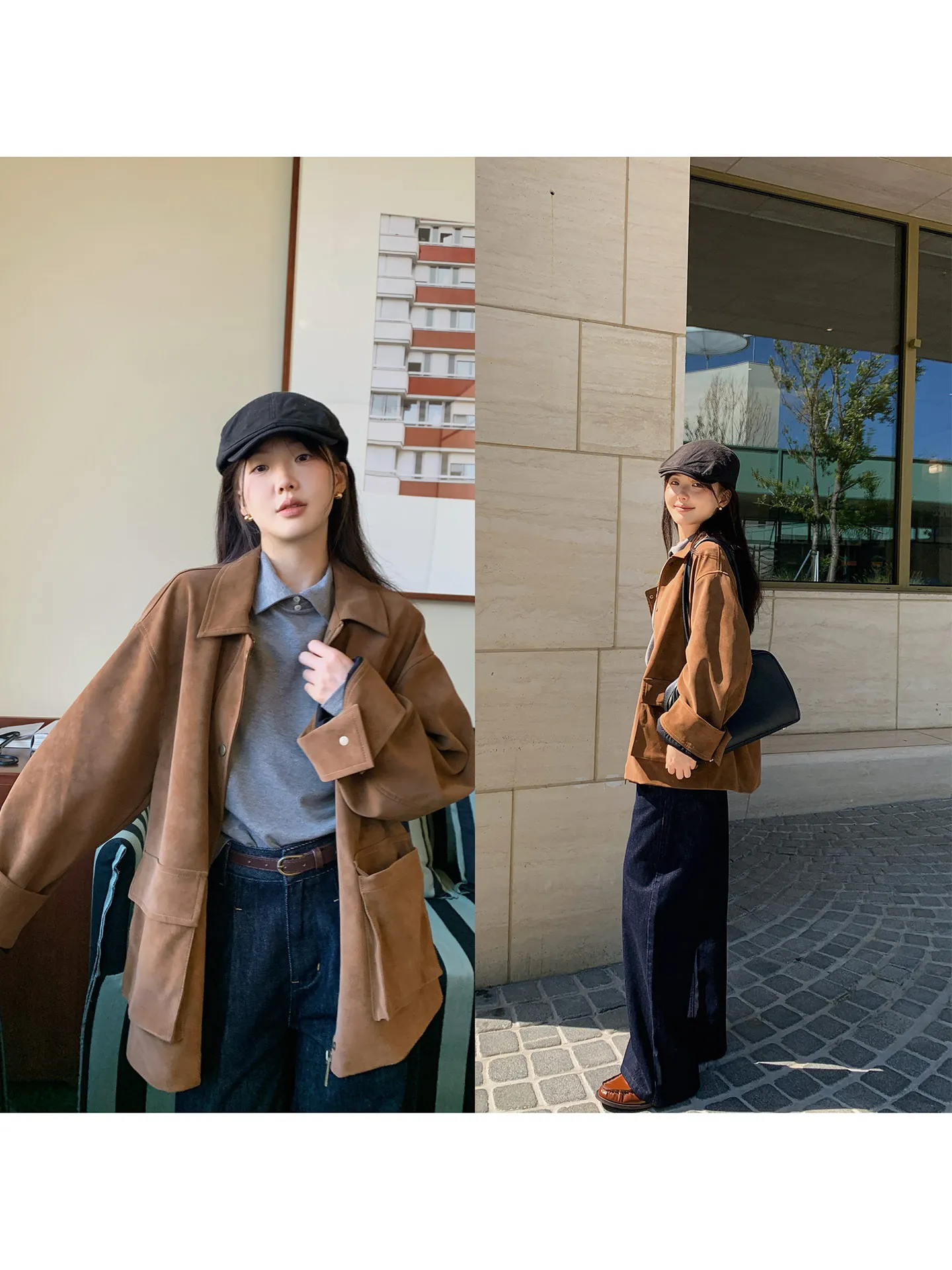 

Vintage Barn Sle Suede Jaet Women's Coffee Brown Workwear Coat Long Sve Mid-Length Straight Cut Daily Wear Ladies' Out...