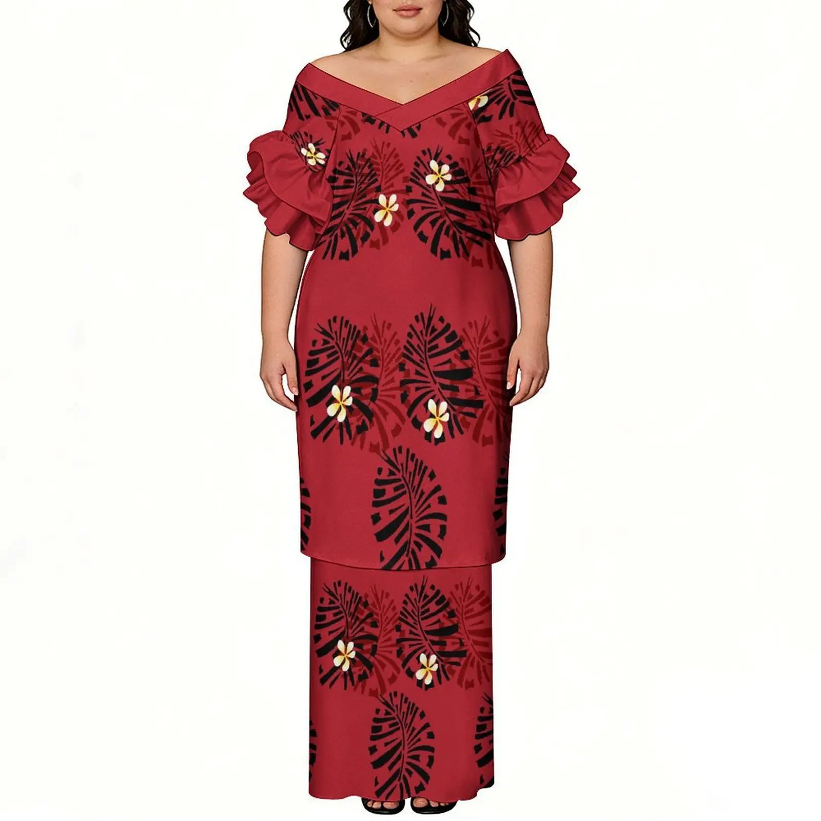 Fashion Design Custom Pattern Printed V-Neck Petal Sleeve Puletasi Style Women'S Suit Skirt - Polynesian Summer Art Dress view 3