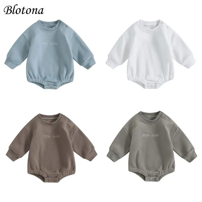 Blotona Infant Baby Boys Sweatshirt Romper Long Sleeve Round Neck Letter Embroidery Newborn Fall Winter Bodysuit