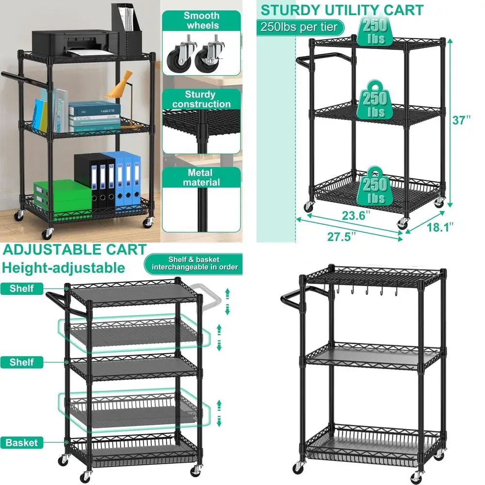 

Тележка металлическая усиленная 3-ярусная на колесиках с проволочными полками, 6 крючками и 3 вкладышами для кухни, продуктов и сервировки, 18x23.8x37 дюймов