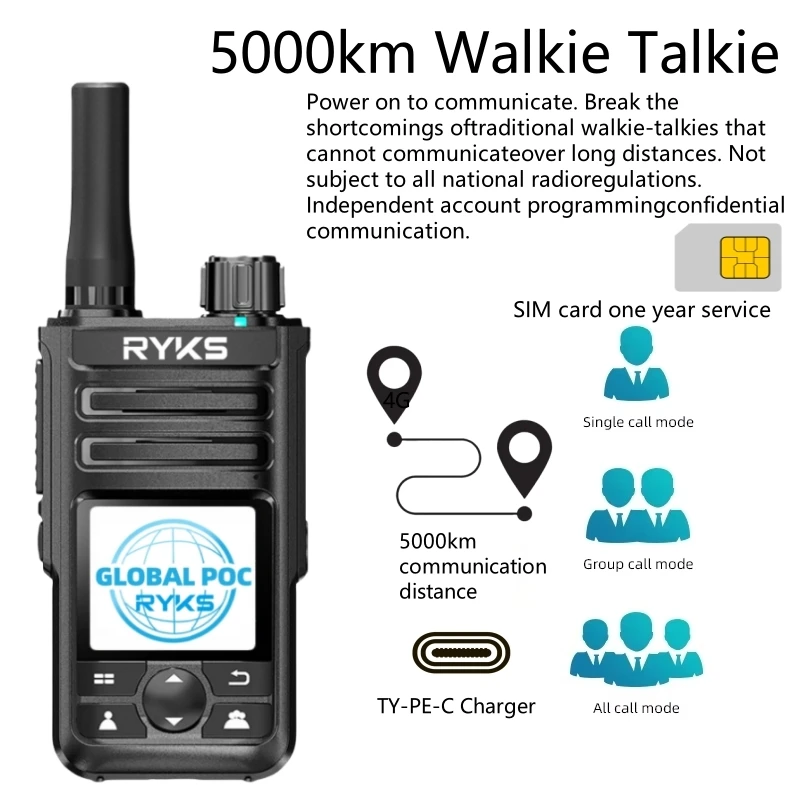 

4G Walkie Talkie 5000Km 200 Channels Global POC Charger Long Range Ham Two Way Radio