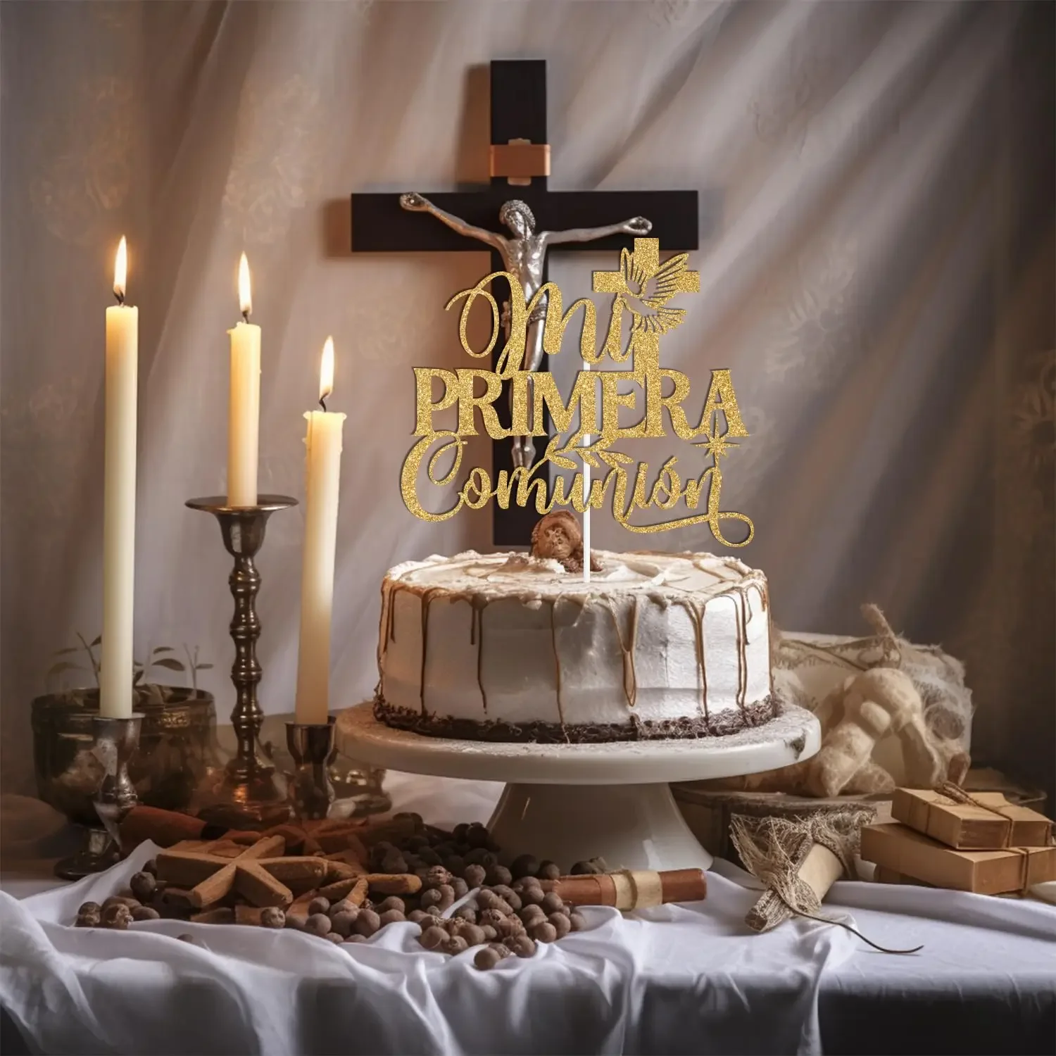 قطعة واحدة من قطعة كعكة الصليب الذهبية من My First Communion (النسخة الإسبانية) لتزيين كعكة عيد ميلاد الله