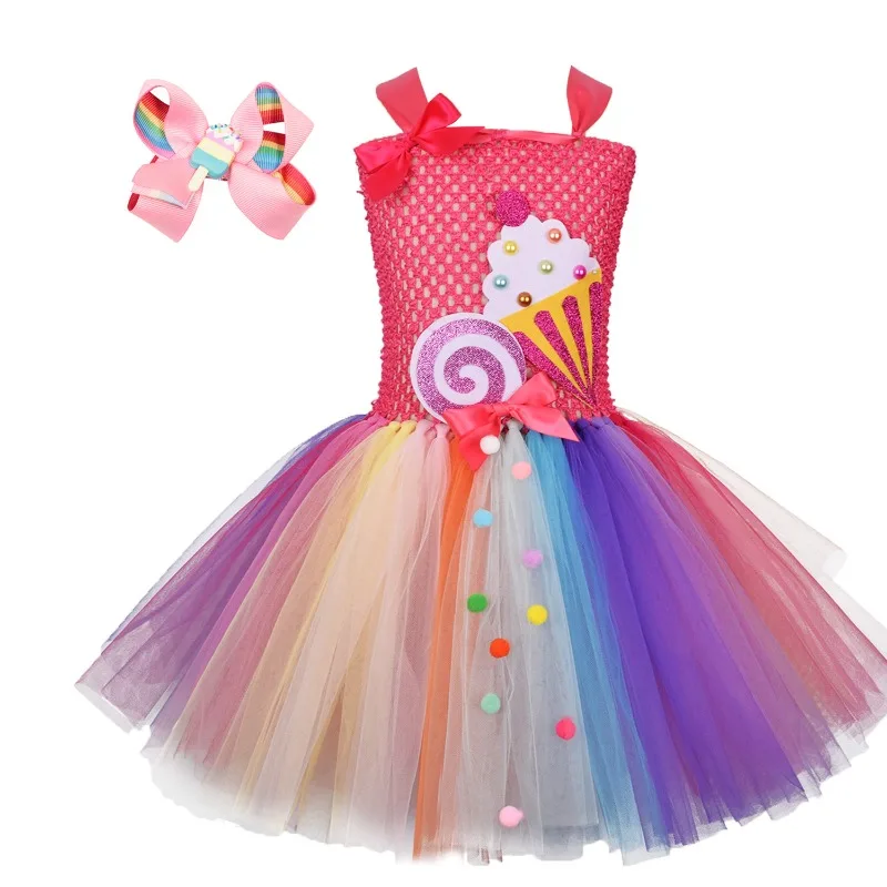 Ice Cream Color Girls Princess Dress With Lollipop Print Lovely Kids Outfit Children Holiday Stage Clothes For Christmas Party