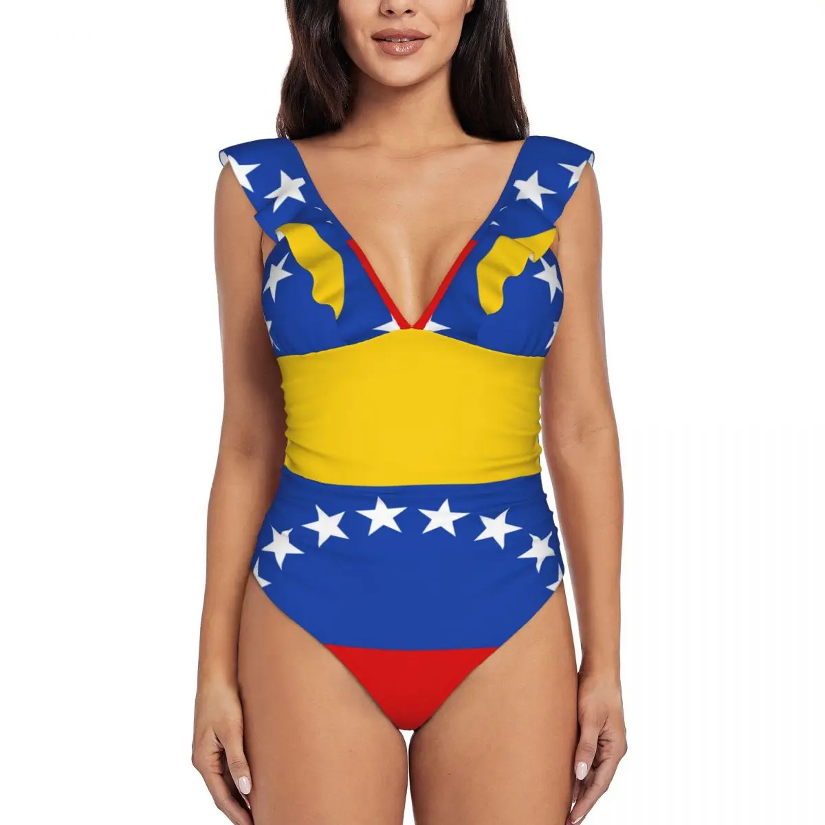 Women Venezuelan Flag One Piece Swimwear Sexy Ruffle Swimsuit Summer Beach Wear Slimming Bathing Suit