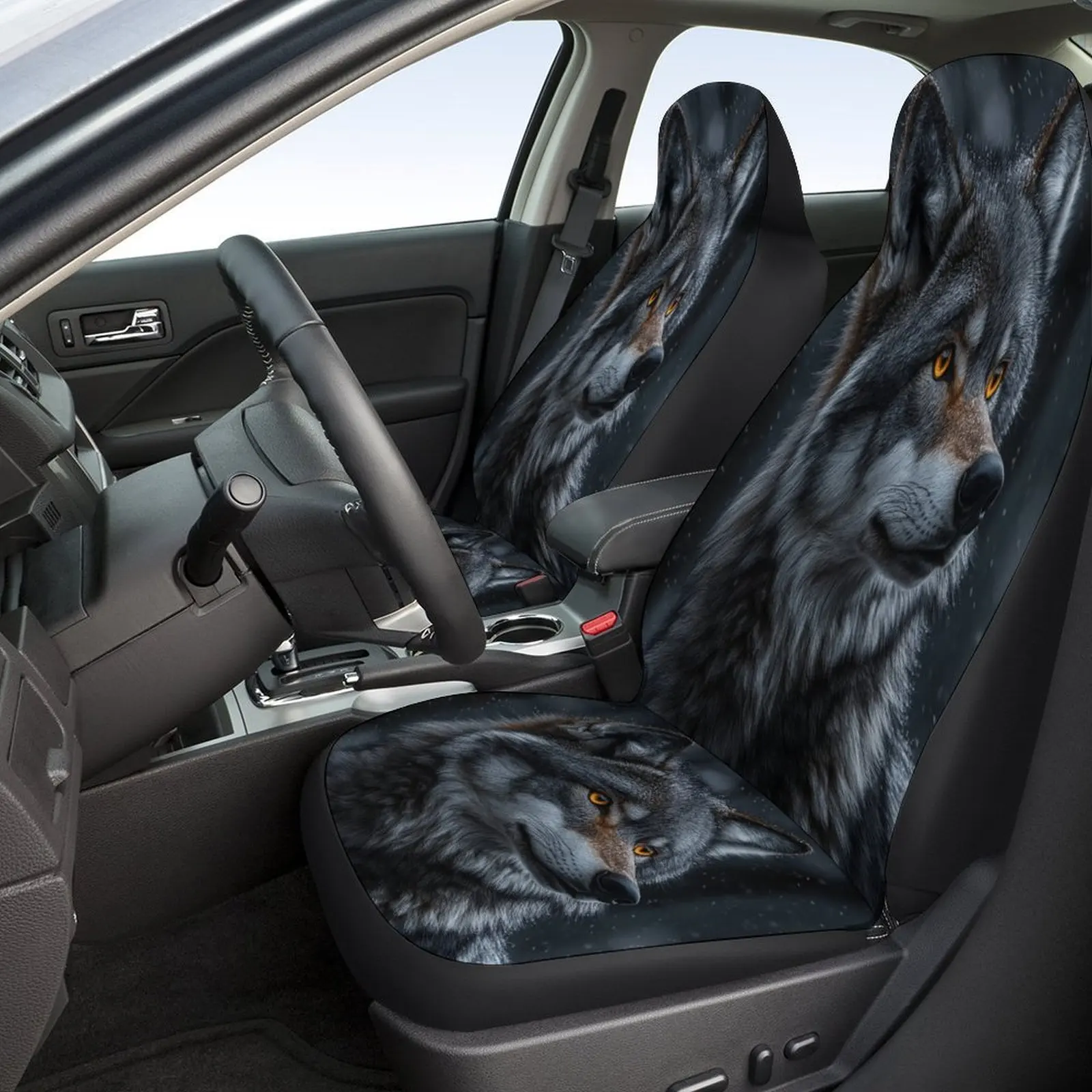 Wolf Pattern Car Seat Cover Set - Full Set For 2 Front & Rear Seats, Fit For Most Cars, All-Season Protection, Durable Polyester