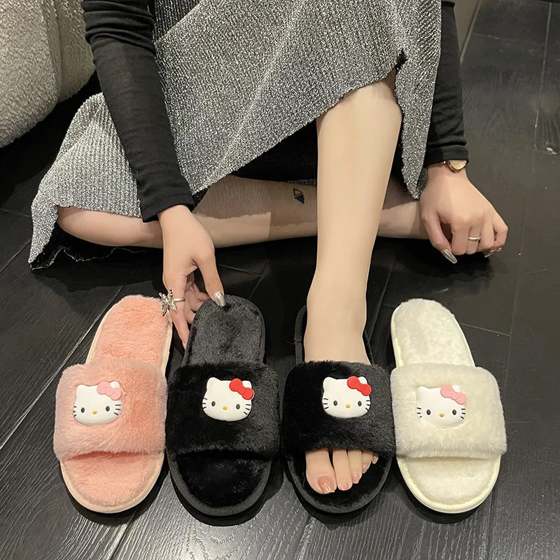 Hello Kitty Cartoon Slippers 2024 New Spring and Autumn Home Furnishings Cotton Slippers Hairy Slippers Women's Outerwear