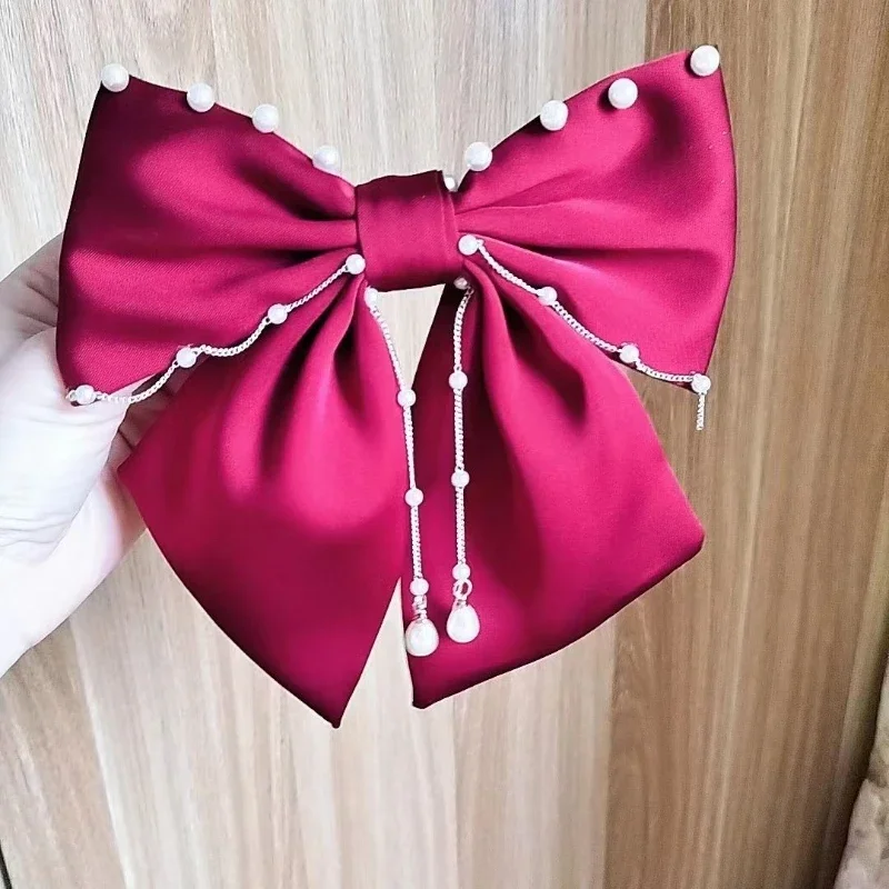 Fashion Fabric Big Bow Hairpins Pearl Tassel Hair Clips Ponytail Barrettes Heawear Korean Headpiece Girls Hair Accessories