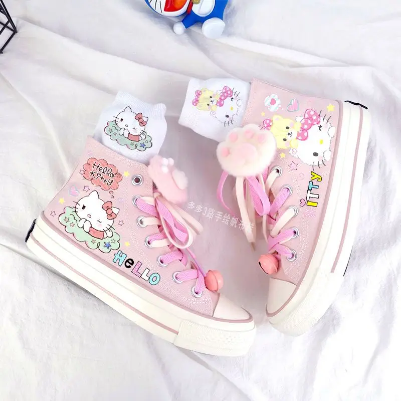 

New Hellokitty Canvas Shoes Kawaii Cartoon Japanese High-Top Graffiti Hand-Painted Casual Shoes Girls Birthday Gift