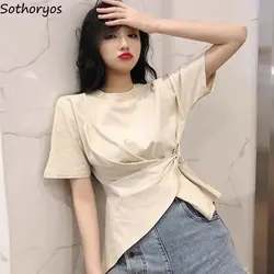 T-shirts Women Bandage Fashion Irregular Design Streetwear All-match Simple Elegant Korean Style Leisure Personality Tender Ins