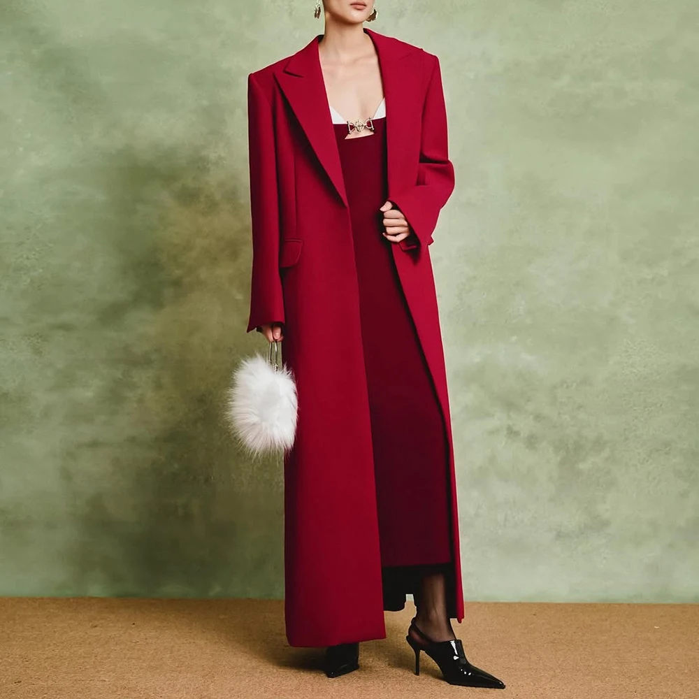 

Elegant Red Long Women's Blazer Fashion Single Breasted Peak Lapel Jacket Formal Office Lady Luxury 1 Piece Coat Outfits Terno