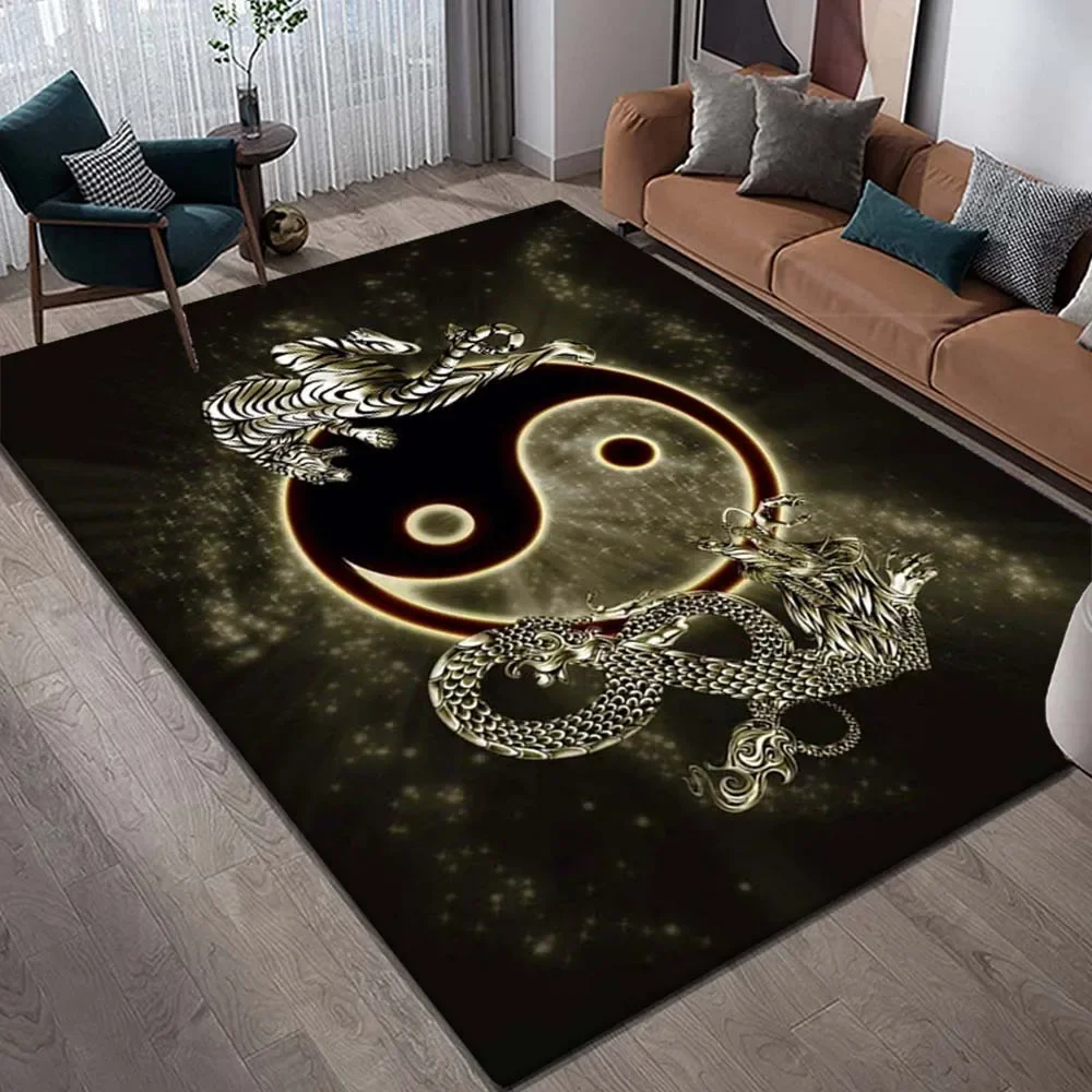 Golden Dragon And Tiger Yin Yang Symbol Printed Flannel Rug Plush Soft Carpet For Living Room Bedroom Zen Decor Spiritual Design