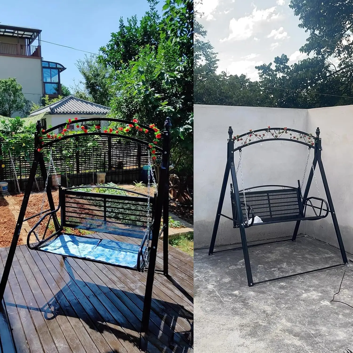 Metal Patio Swing with A-Frame Stand Heavy Duty Hanging Bench Adjustable Chains for Garden Balcony Outdoor, Customized