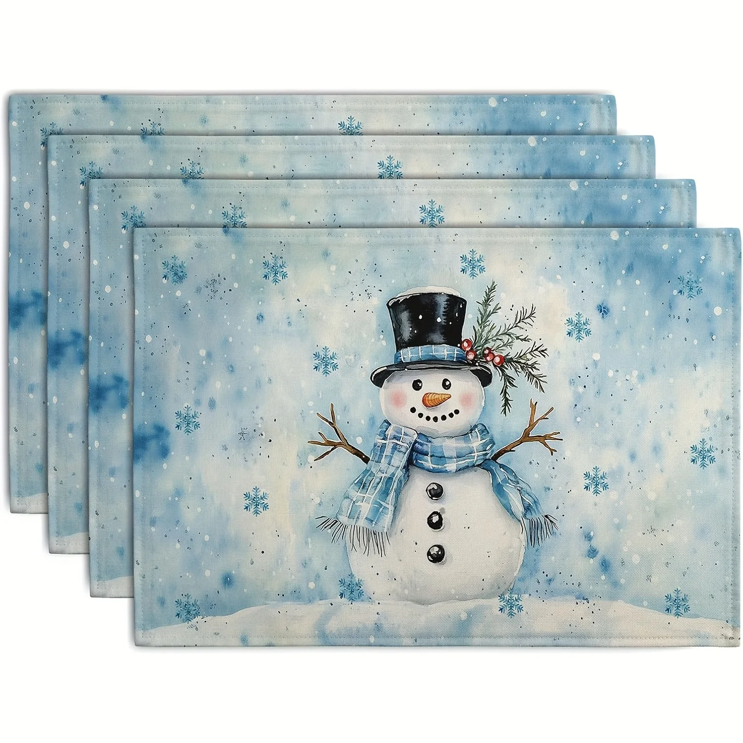 4pcs Set Blue Snowman Snowflake Winter Placemats for Seasonal Christmas Holiday Snowflake Snowman Cottage Country Decor