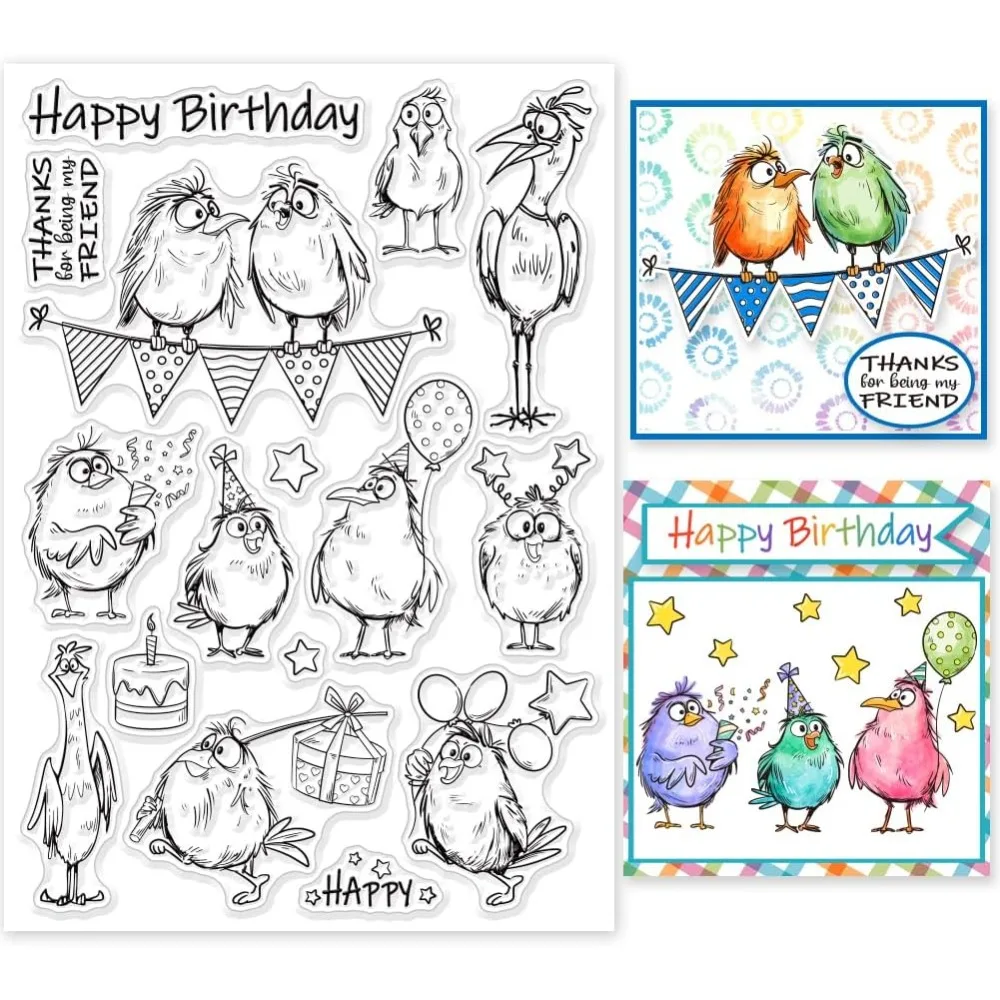Cartoon Bird Birthday Clear Stamps Birthday Gift Clear Stamp Comic Birds Silicone Stamps for Scrapbooking Photo Album Decorative