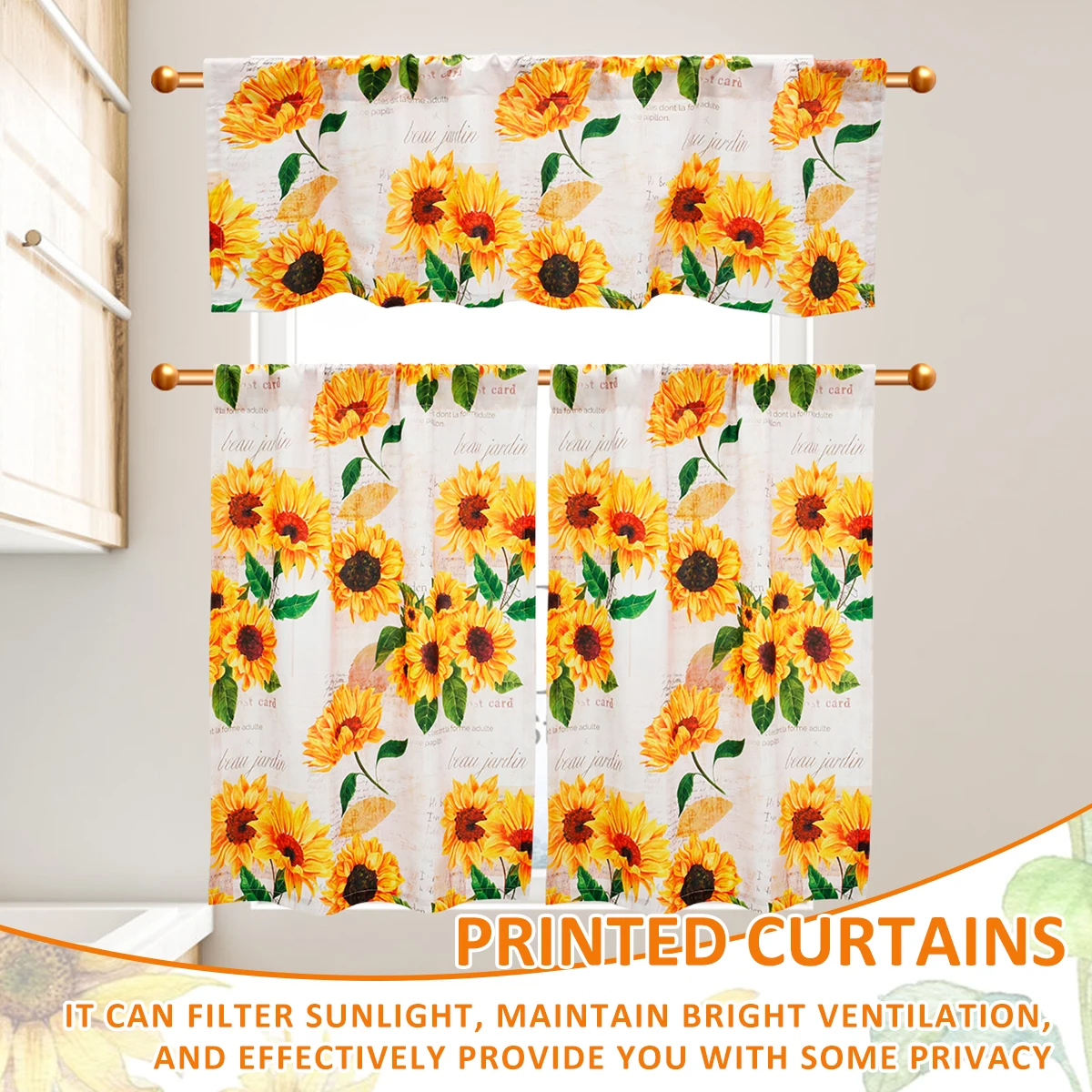 3Pcs Valance and Tier Curtains for Windows Sunflower Kitchen Curtain Set Light Filtering with Wide Rod Pocket Polyester Curtains