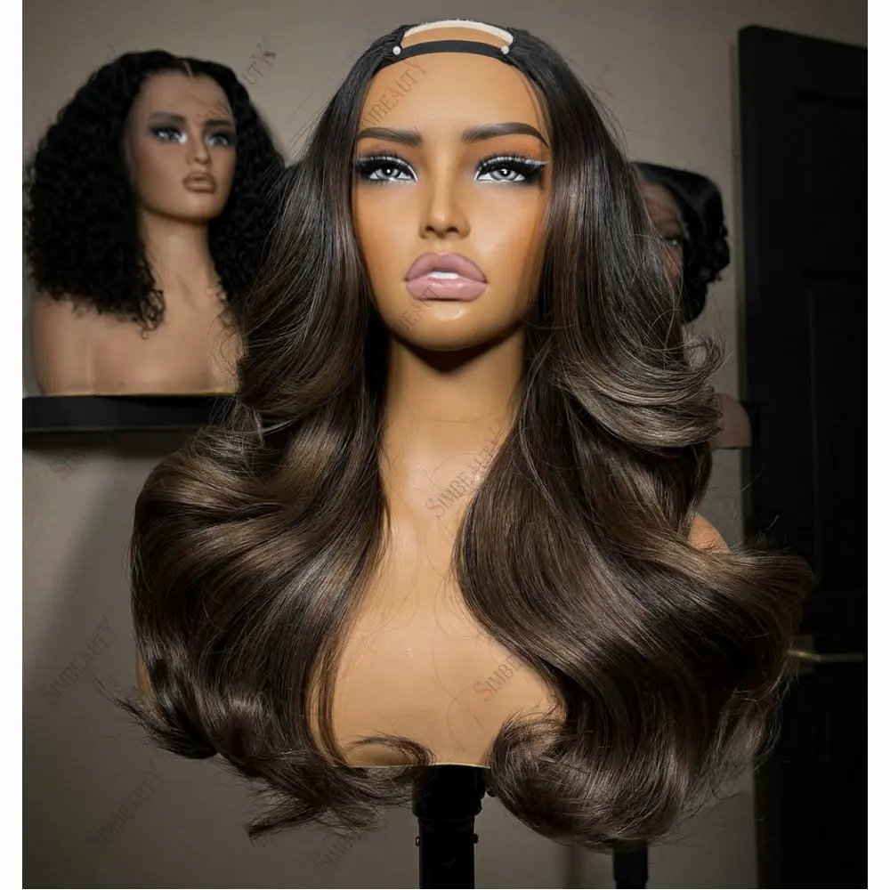 100 % Echthaar, 1x4-Größe, U-Part-Perücken mit Clips, klebefrei, aschbraun, mit Highlights, lockere Wellen, V-Part-Perücken für Damen, einfach zu tragen – Detail 1