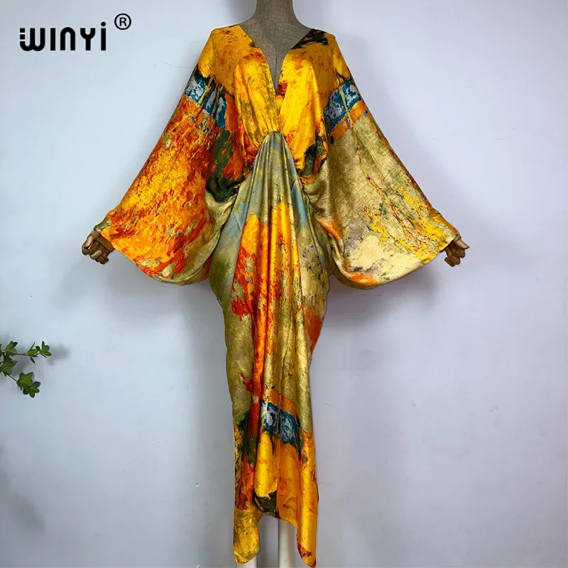 

Sexy bech vestidos feel silk rayon fashion print WINYI Maxi dresses for women 2023 long beach V-neck Bohemian dress