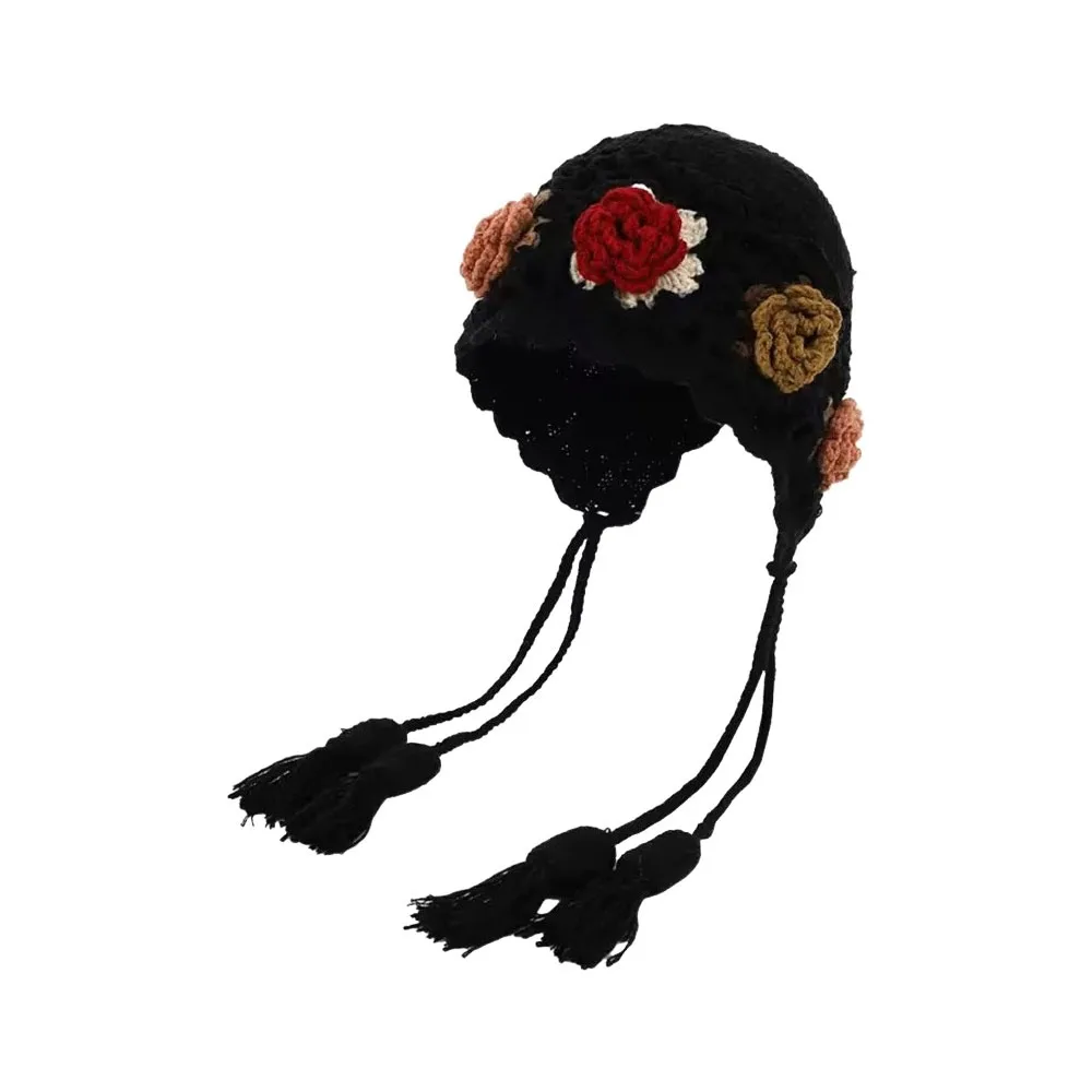 

Tassels Crochet Knitted Hat Hollow Out Windproof Ear Protection Hat Handmade Craft Bohemian Style Korean Weave Cap New Year's
