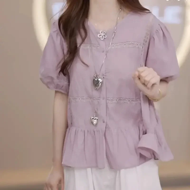 

Women's French Style Puff Sleeve Blouse V-neck Ruffle Hem Shirt Summer Casual Loose Top Cute Trendy Tee