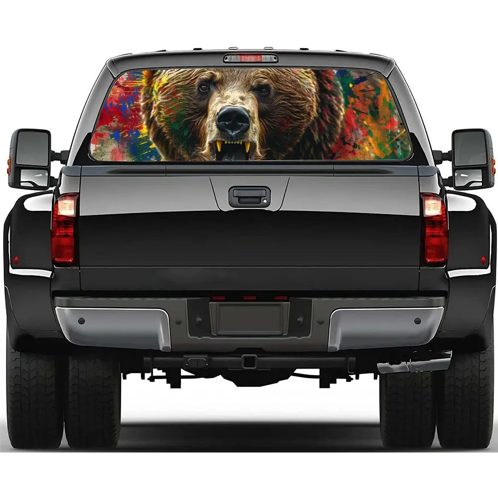 

Angry Bear Painting Car Rear Windshield Sticker Truck Window See Through Perforated Back Window Vinyl Decal Auto Accessories