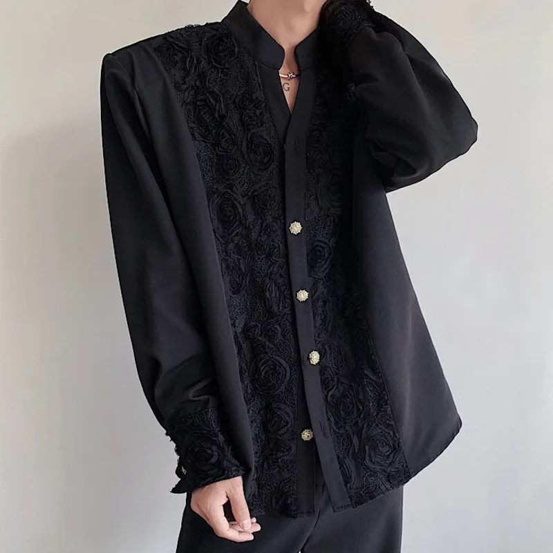 WTHT Fsahion Men's Spliced 3D Flower Lace Design Loose Shirts Trendy 2026 Summer Long Sleeves Casual Tops Male 2A3098