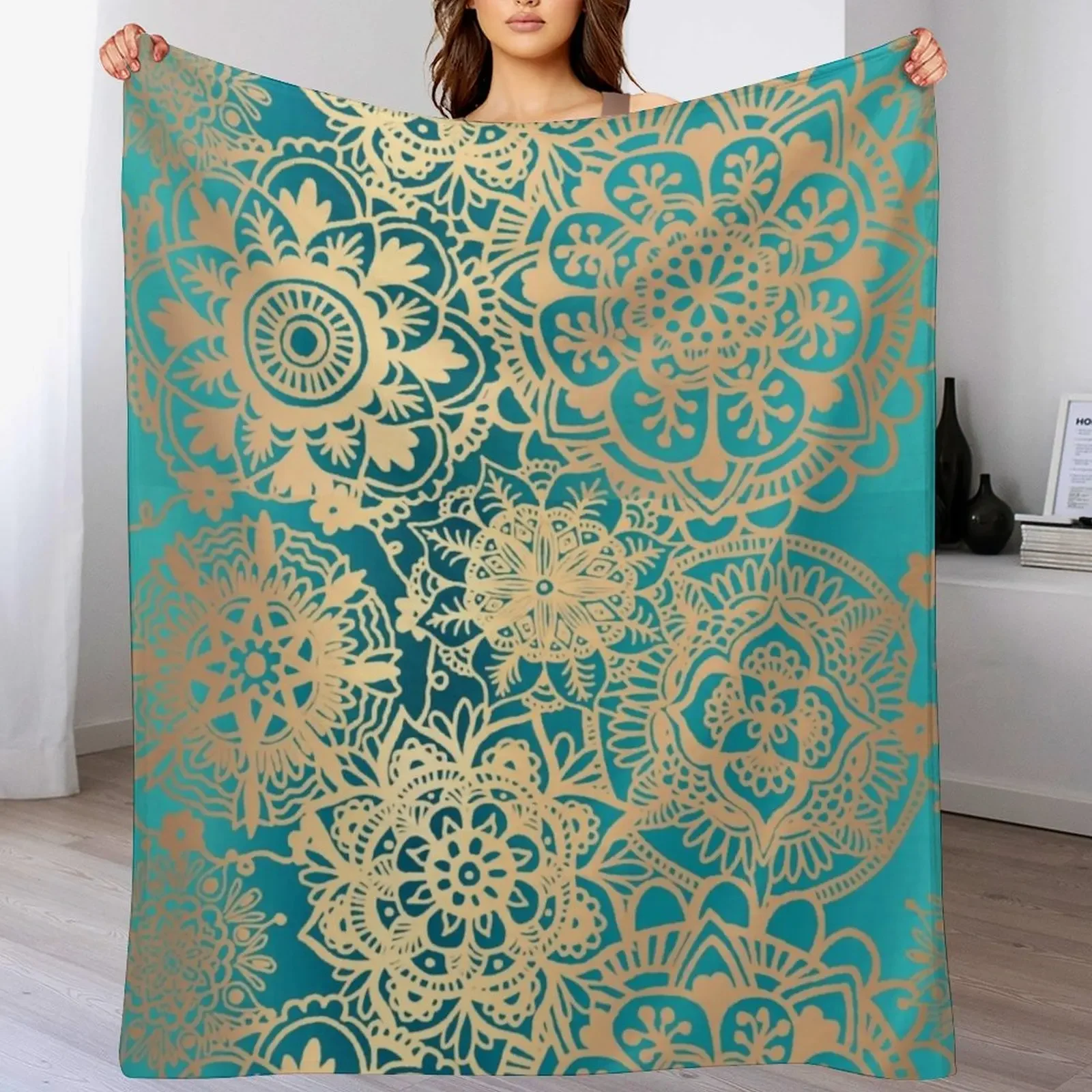 

Teal Green and Gold Mandala Pattern Throw Blanket Warm Napping Blanket for Office Couch Bed