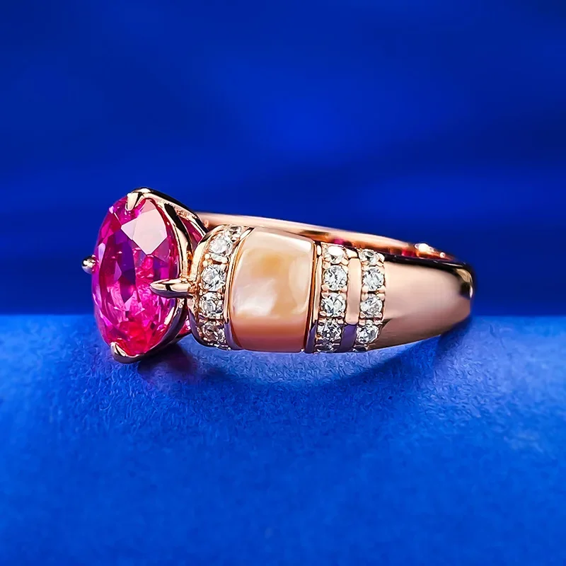 New Natural Pink Shell Rupee Red Diamond Ring with European and American Style Premium 925 Sterling Silver Goddess Ladies 