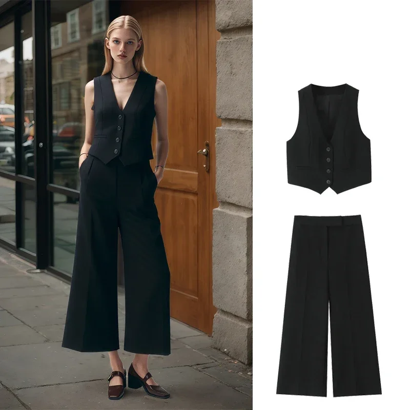 

GELITAYIN черный комплект из двух предметов, женский жилет с глубоким v-образным вырезом и пуговицами, широкие брюки, офисный костюм, облегающий профессиональный костюм