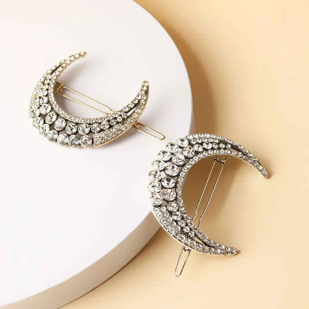 Pince à cheveux en forme de lune en cristal pour femmes, bijoux Vintage, épingles à cheveux, accessoires pour cheveux, argent doré, 1 pièce