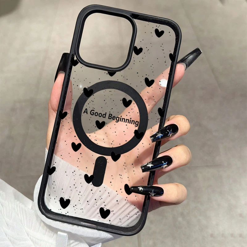 Black Heart Polka Dot Magnetic Phone Case for Samsung Galaxy S26 Plus S25 FE S24 Ultra S23 A16 A36 A56 A35 A55 A17 A57 A15 Cover