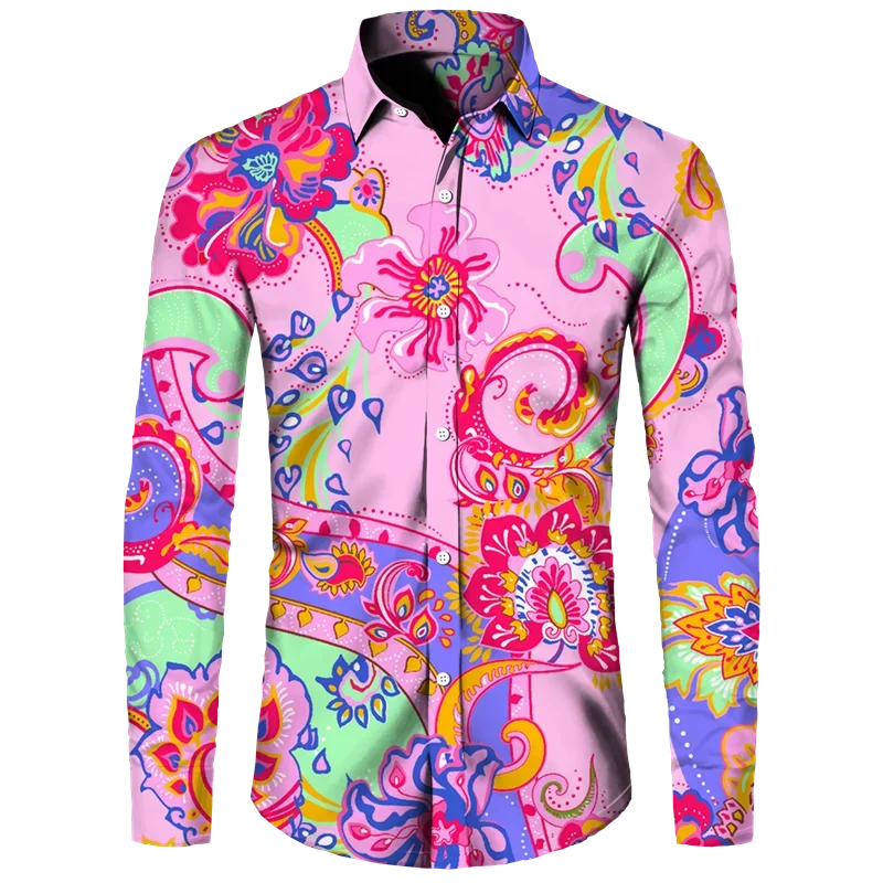 Fashion Men\'s Shirt Paisley Cashew Flower 3D Print Turn-down Collar Button Long Sleeve Tops Vintage Men Women Streetwear Clothes