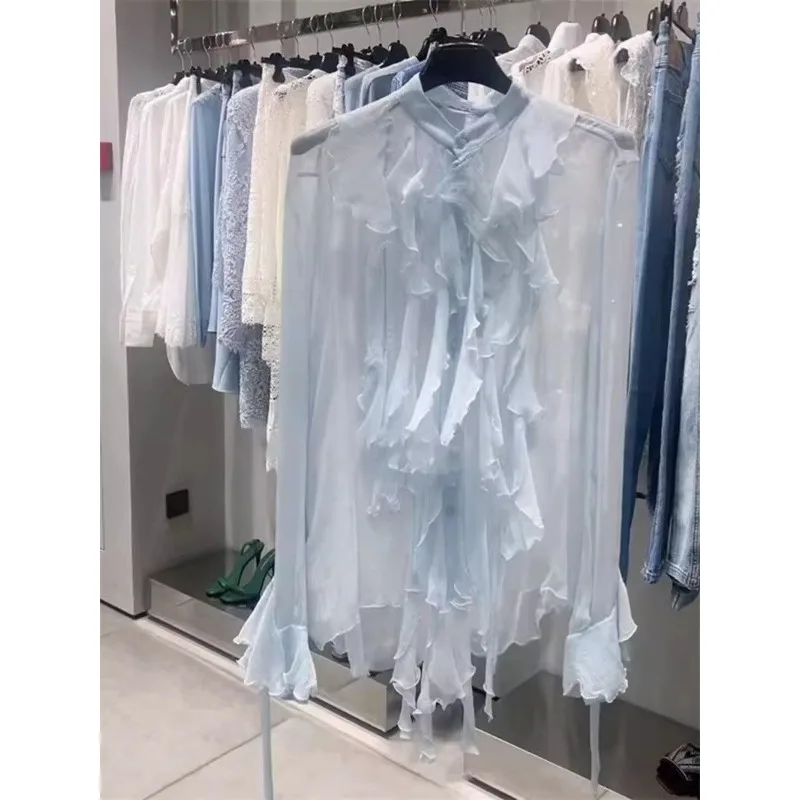 

Buttoned Solid Color Round Neck French Style Ruffled Long Sleeve Shirt Women's Blue Chic Top