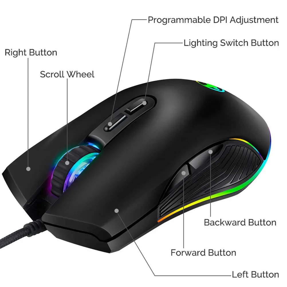 4 Rgb Backlit Gaming Mouse with Ergonomic Design 4 Adjustable Dpi 800-3200 Type-C USB Wired Gamer Mouse for Pc Laptop Computer
