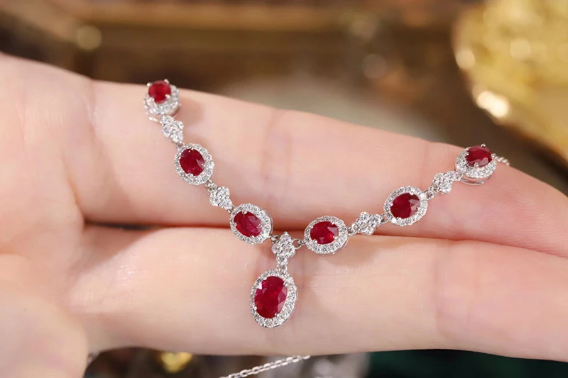 KUGG 100% 18K White Gold Necklace Luxury V-Shape Design Natural Diamond Natural Ruby Necklace for Women High Party Jewelry