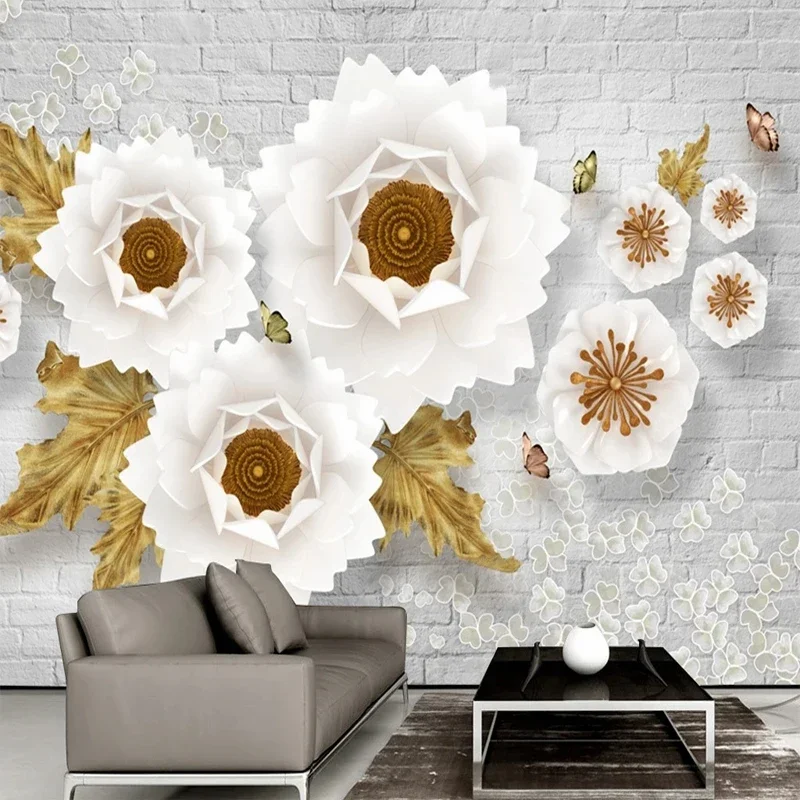 Custom 3D Photo Hand Painted White Flowers Brick Wall Mural Bedroom Living Room TV Sofa Background Non-woven Embossed Wallpaper
