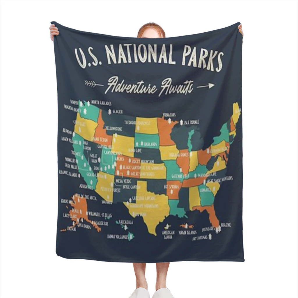 

U.S National Parks Map - Adventure Awaits Comfortable Flanne Blanket Soft comforter sets throw for Couch Warm Summer