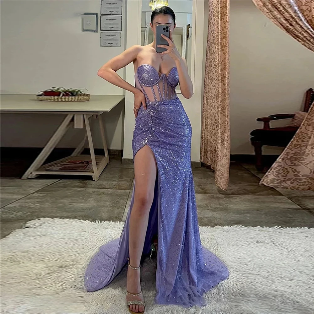 

Elegant Glitter Sexy Formal Evening Dresses Strapless Sequined Mermaid High Slit Long Mermaid Party Dress Prom Vestidos De Noche