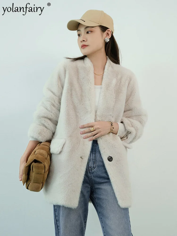 Imitation Mink Fur Coat Women's Composite Fur Jacket Women Autumn Winter New in Outwears V-Neck Mid Long Coats Female Clothing F