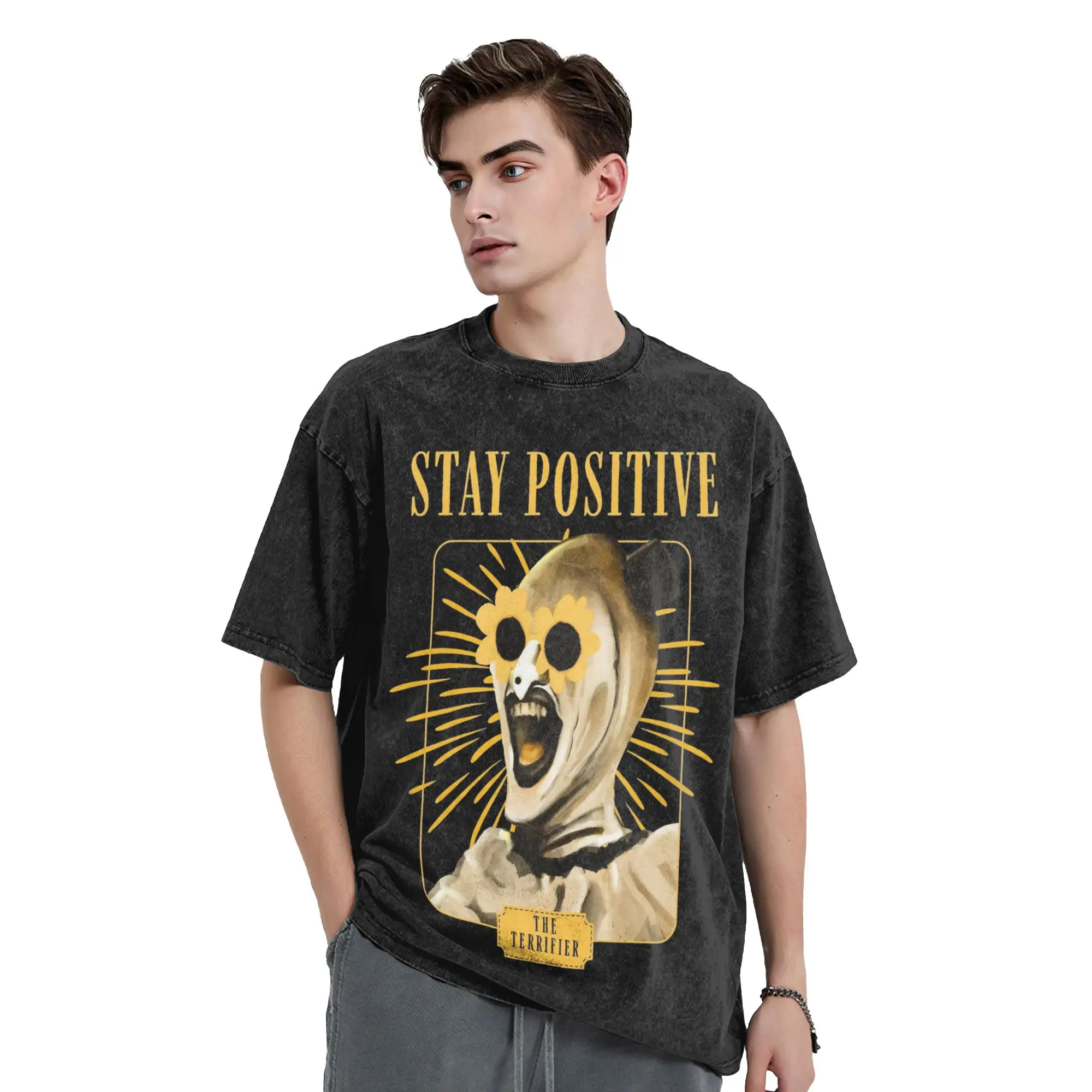 Washed T Shirt Stay Positive with Art the Clown Terrifier Hip Hop T-Shirt Harajuku Streetwear Cotton Tops Tees for Men Women