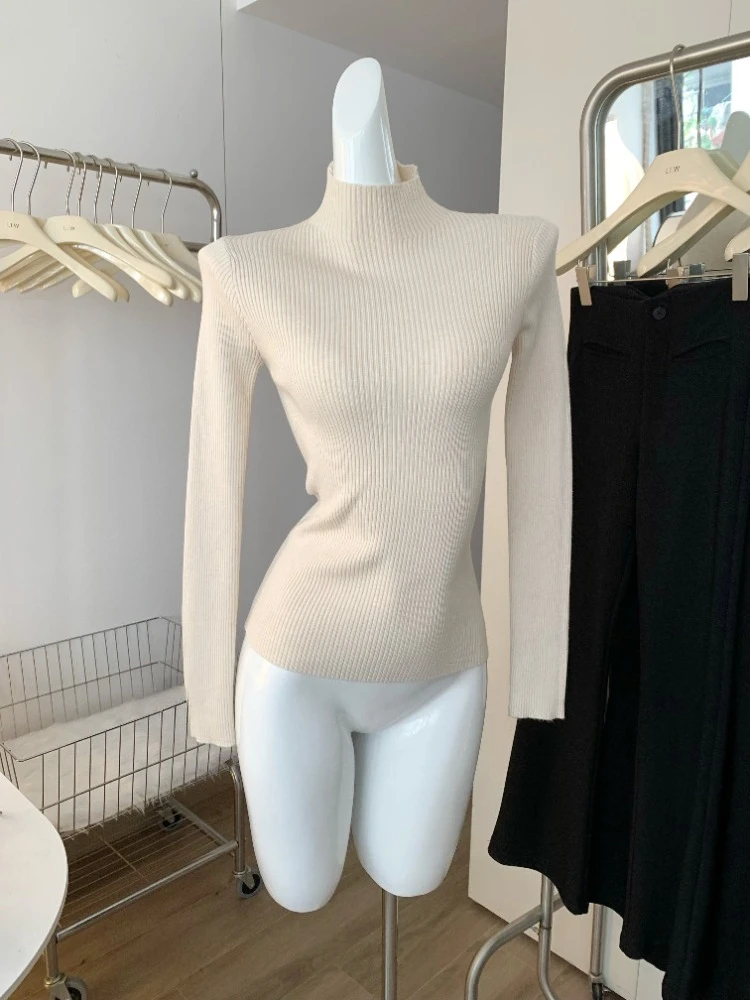 Suéter de manga larga acanalado con cuello alto para mujer, Jersey de punto de manga larga para otoño e invierno, jersey suave y cálido para mujer, ropa para mujer
