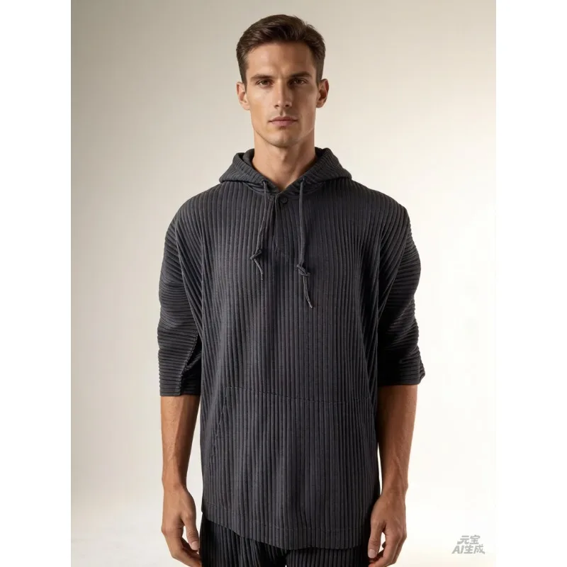 Moletom Masculino Plissado Miyake Cor Sólida Versátil Primavera Verão 2026 Manga Curta Com Capuz Solto Pulôver Jaqueta Casual Top