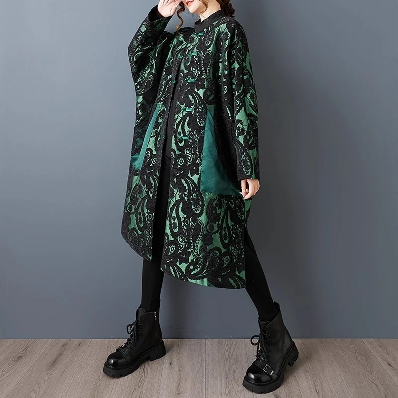 Women's Luxury Jacquard Mid-Length Chinese Style Loose Jacket Oversized Outerwear for Spring Autumn New Arrival W1719