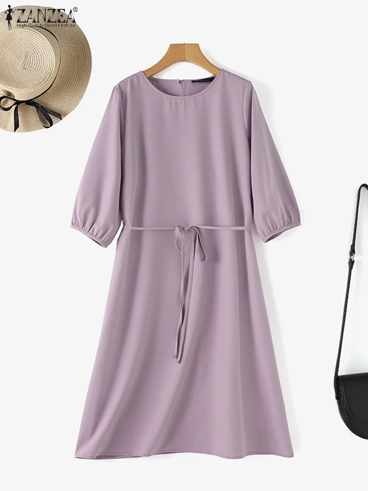 ZANZEA 2024 Summer Belted Straight Robes Casual Solid Midi Long Dress Women 3/4 Puff Sleeve Sundress Fashion Round Neck Vestidos