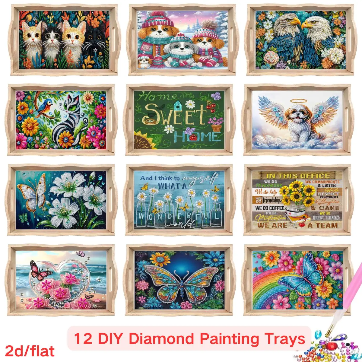

A diamond painting square tray with floral and small animal design, creative desktop storage, holiday party supplies