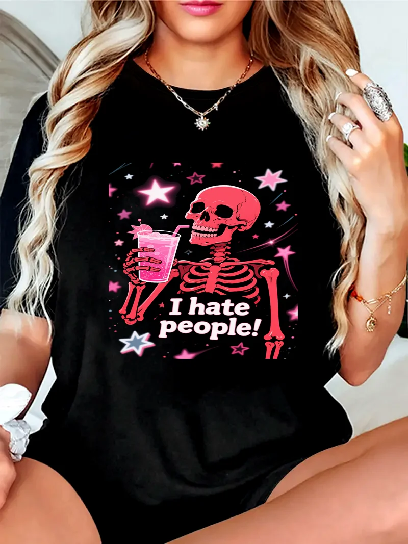 Pink skull printed T-shirt, short-sleeved crew neck casual top, machine washable comfort, loose version, soft fabric