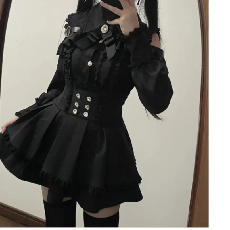 Jirai kei Outfit Lolita Girls Blouse Top Women Long Sleeve Shirt Kawii Bow Black Skirts Shirts Y2K Sweet Japanese Lady Style Set