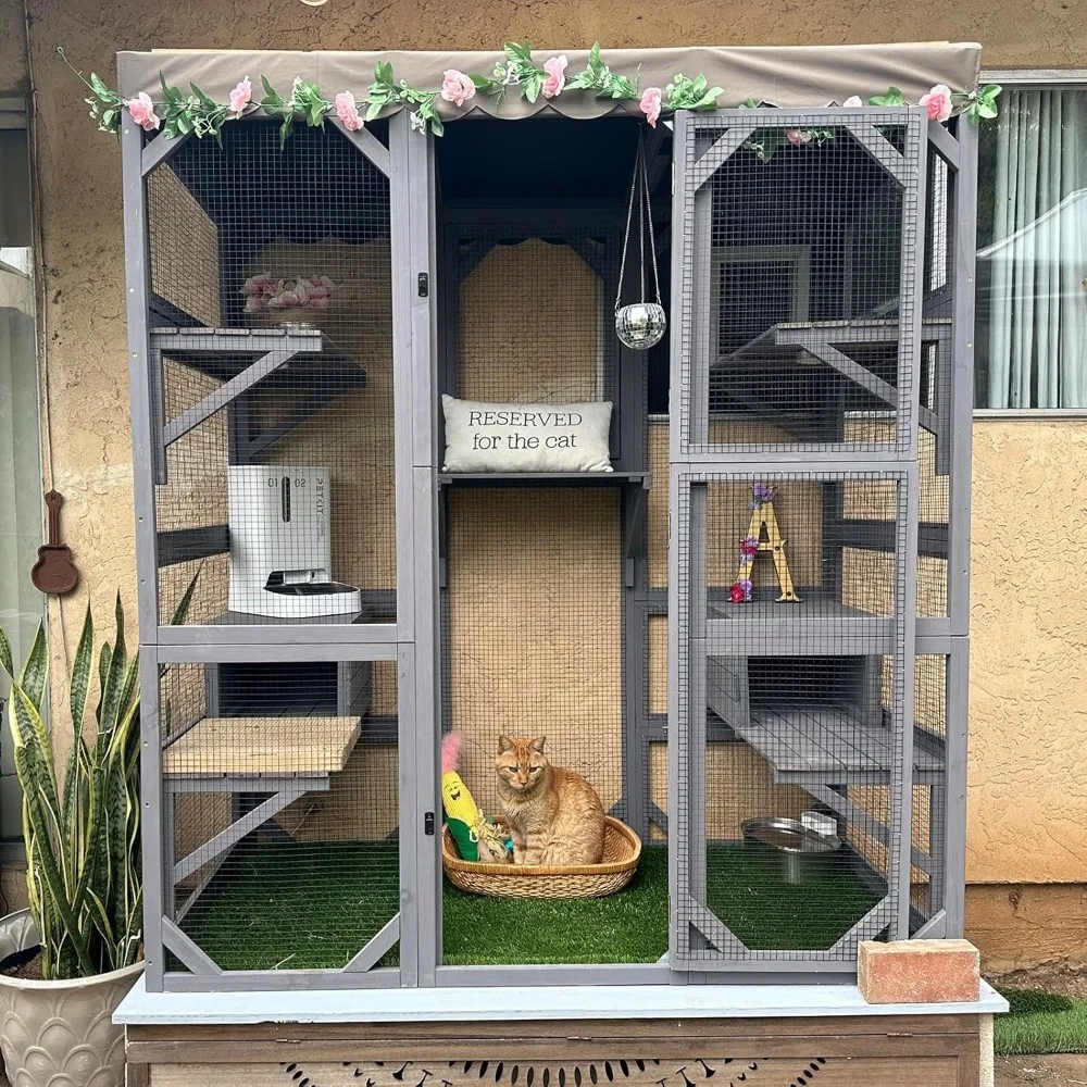 

Cat House Outdoor Catio Kitty Enclosure with Super Large Enter Door,Wooden Cat Cage Condo Indoor Playpen with Platform