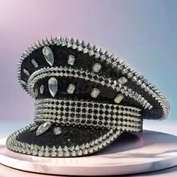 Black Silver Punk Rivet Festival Captain Hat Handmade Rhinestone Masquerade Wedding Military Cap Music Festival Sergeant Hat
